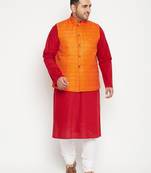 maroon, orange and white cotton blend jacket kurta pyjama set