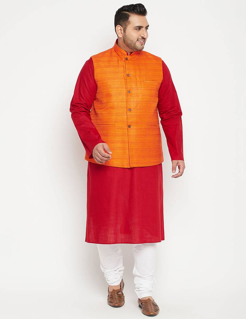 maroon, orange and white cotton blend jacket kurta pyjama set