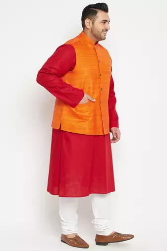 maroon, orange and white cotton blend jacket kurta pyjama set