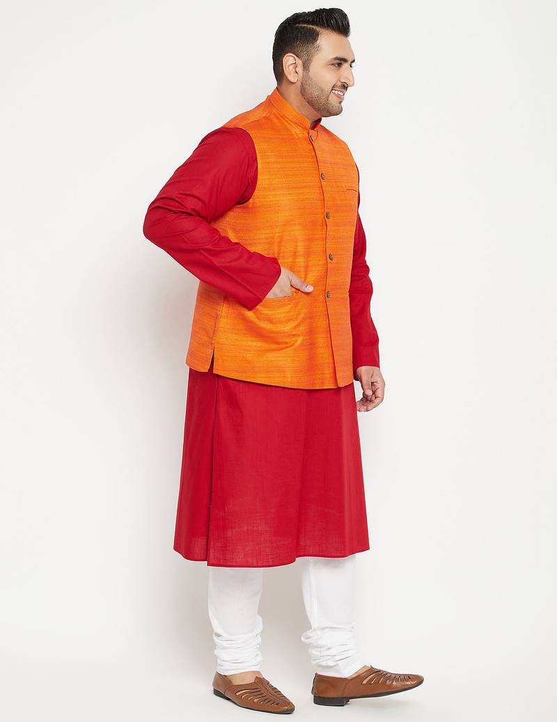 maroon, orange and white cotton blend jacket kurta pyjama set