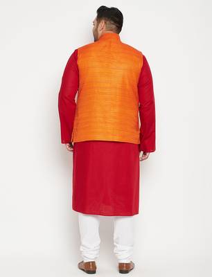 maroon, orange and white cotton blend jacket kurta pyjama set 3