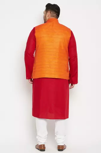 maroon, orange and white cotton blend jacket kurta pyjama set