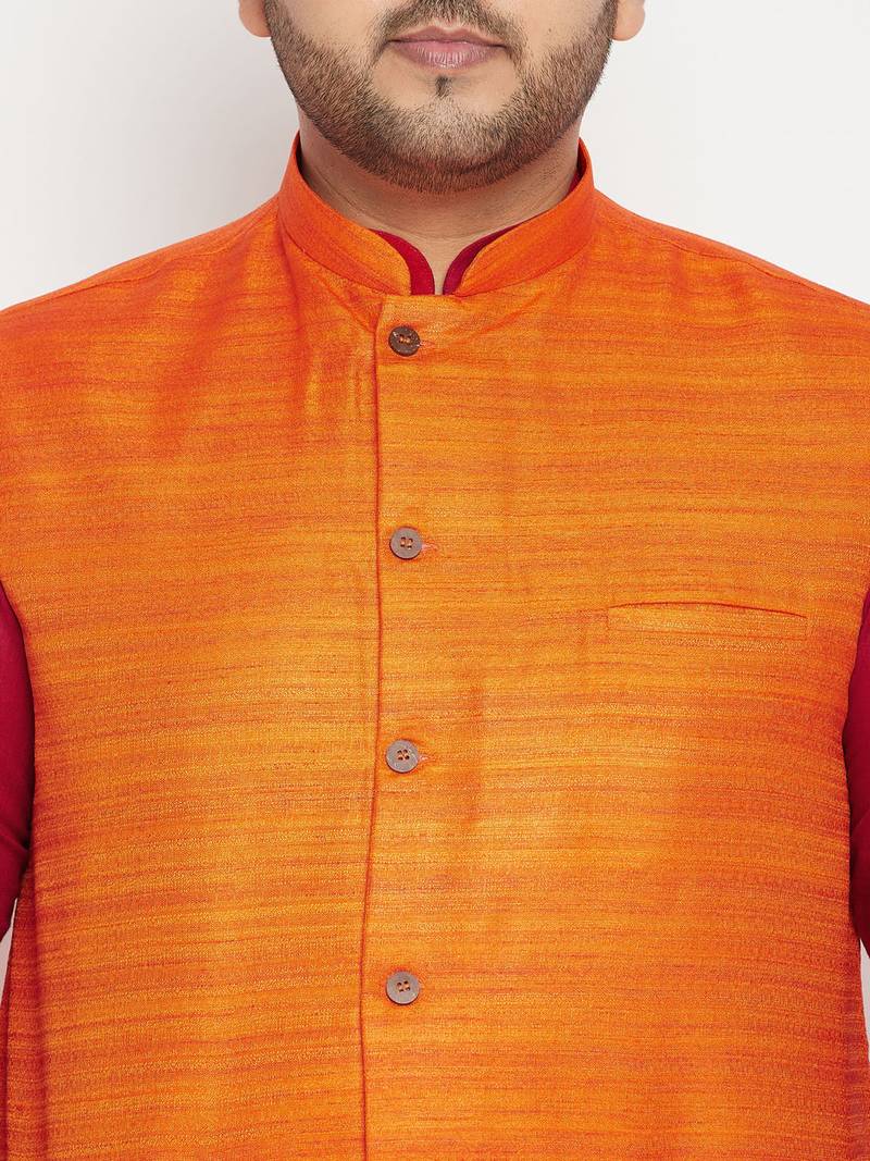 maroon, orange and white cotton blend jacket kurta pyjama set