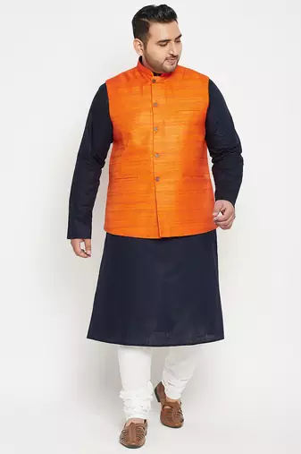 navy blue, orange and white cotton blend jacket kurta pyjama set