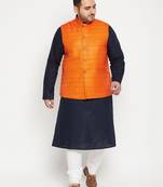 navy blue, orange and white cotton blend jacket kurta pyjama set