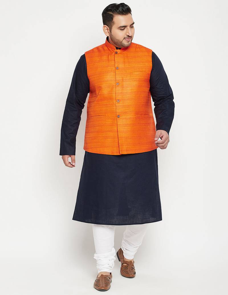 navy blue, orange and white cotton blend jacket kurta pyjama set