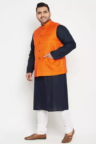 navy blue, orange and white cotton blend jacket kurta pyjama set