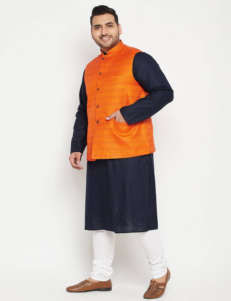 navy blue, orange and white cotton blend jacket kurta pyjama set