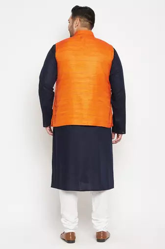 navy blue, orange and white cotton blend jacket kurta pyjama set