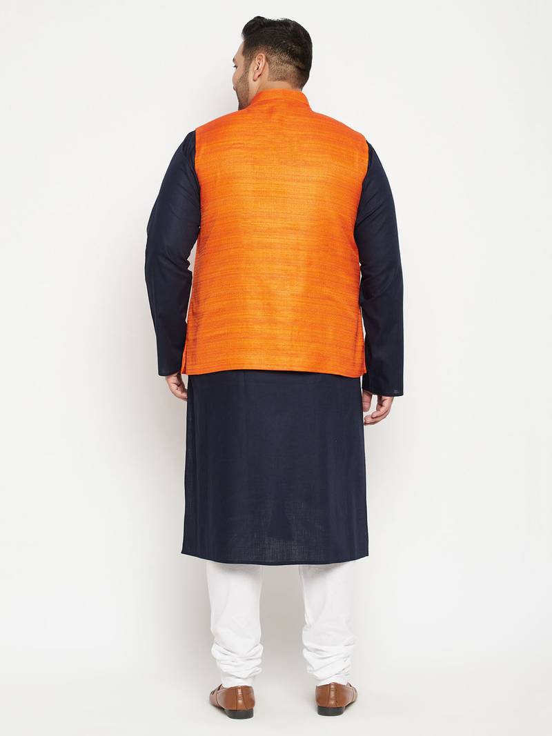 navy blue, orange and white cotton blend jacket kurta pyjama set
