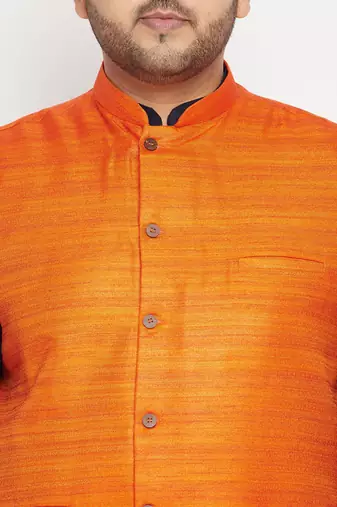 navy blue, orange and white cotton blend jacket kurta pyjama set