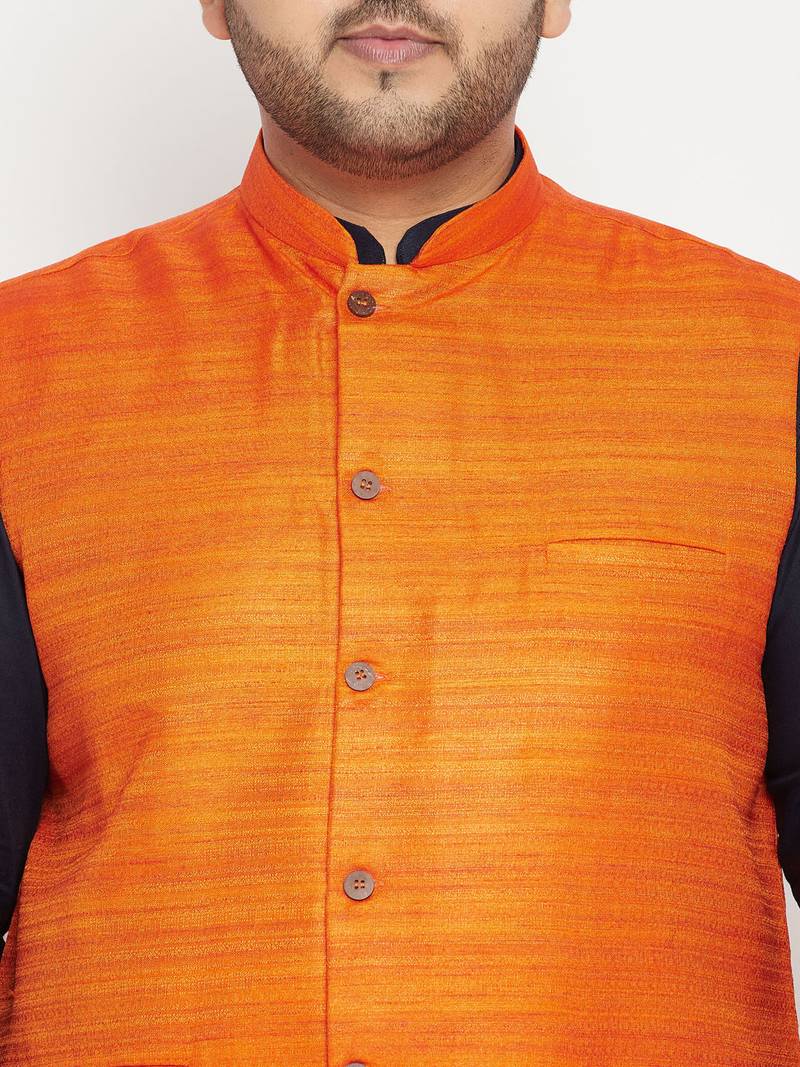 navy blue, orange and white cotton blend jacket kurta pyjama set
