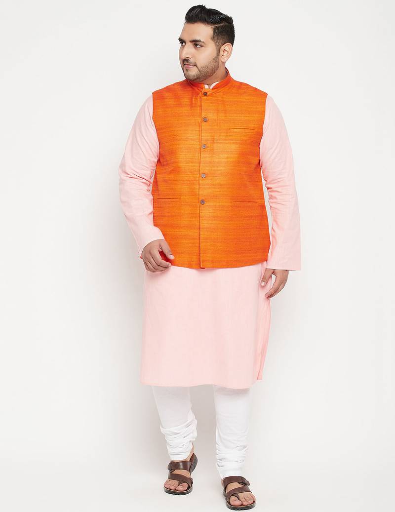 pink, orange and white cotton blend jacket kurta pyjama set