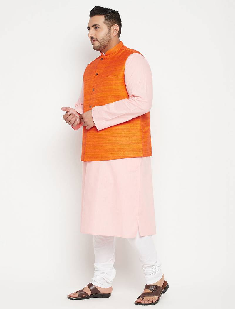pink, orange and white cotton blend jacket kurta pyjama set