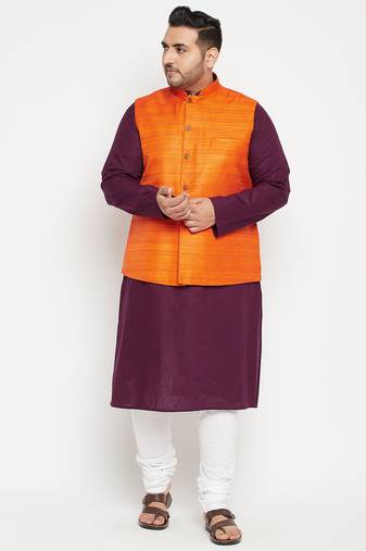 purple, orange and white cotton blend jacket kurta pyjama set