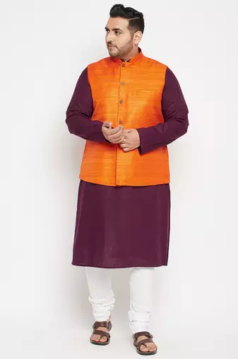 purple, orange and white cotton blend jacket kurta pyjama set