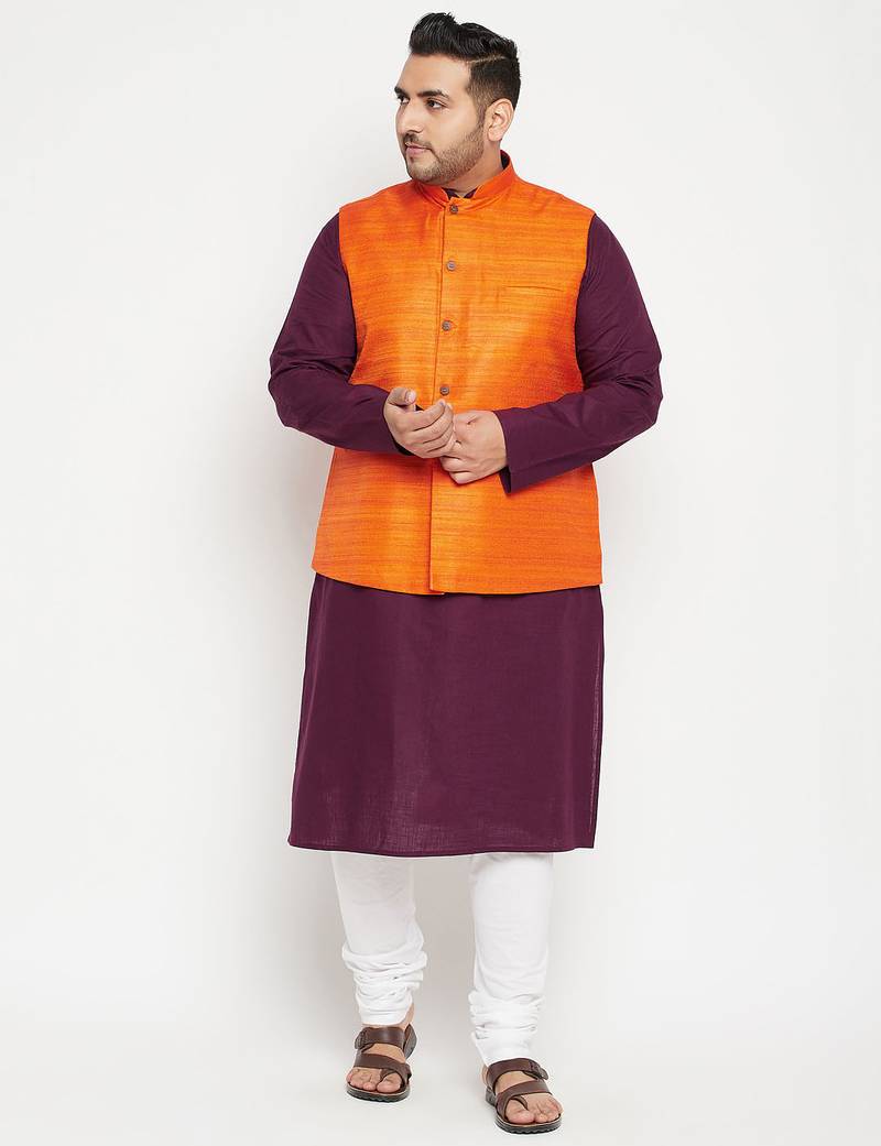 purple, orange and white cotton blend jacket kurta pyjama set