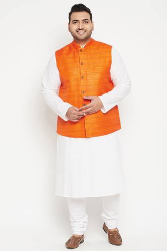 white, orange and white cotton blend jacket kurta pyjama set