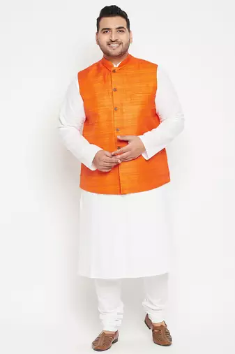 white, orange and white cotton blend jacket kurta pyjama set