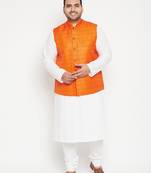 white, orange and white cotton blend jacket kurta pyjama set