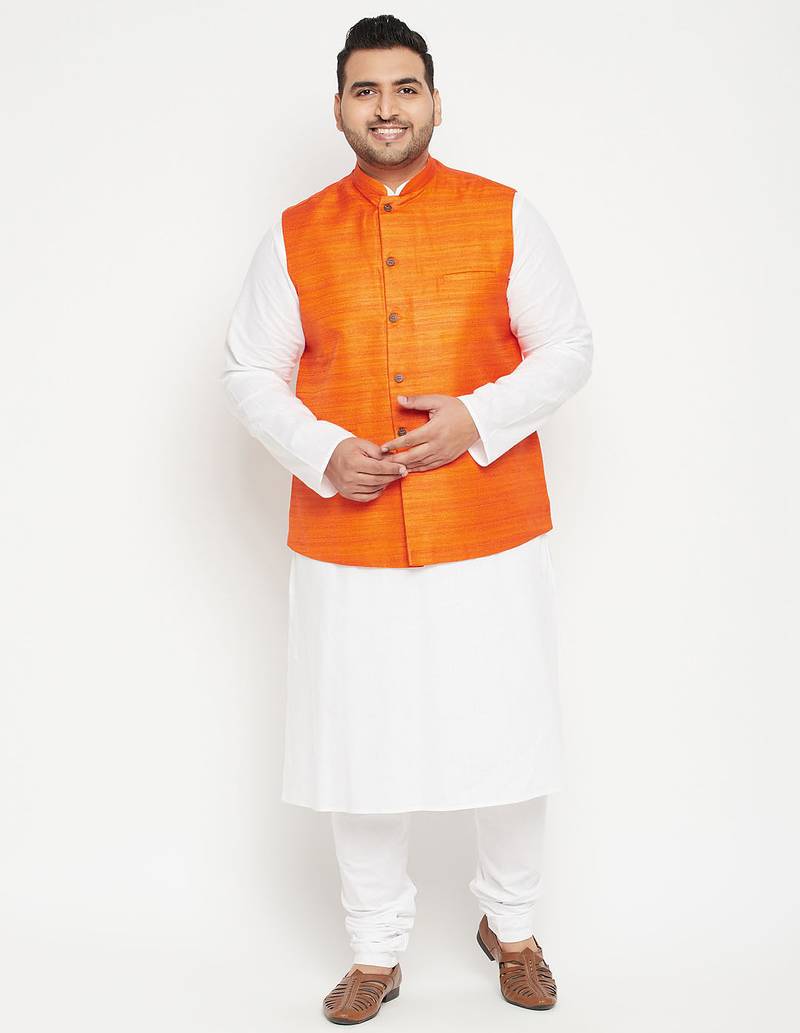 white, orange and white cotton blend jacket kurta pyjama set
