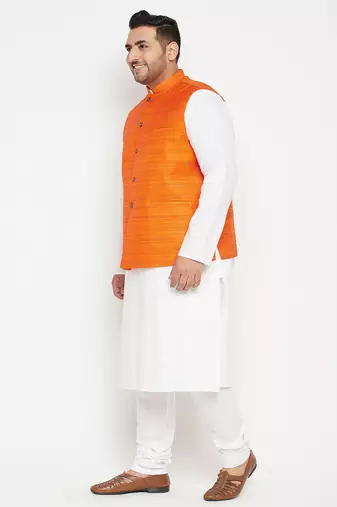 white, orange and white cotton blend jacket kurta pyjama set