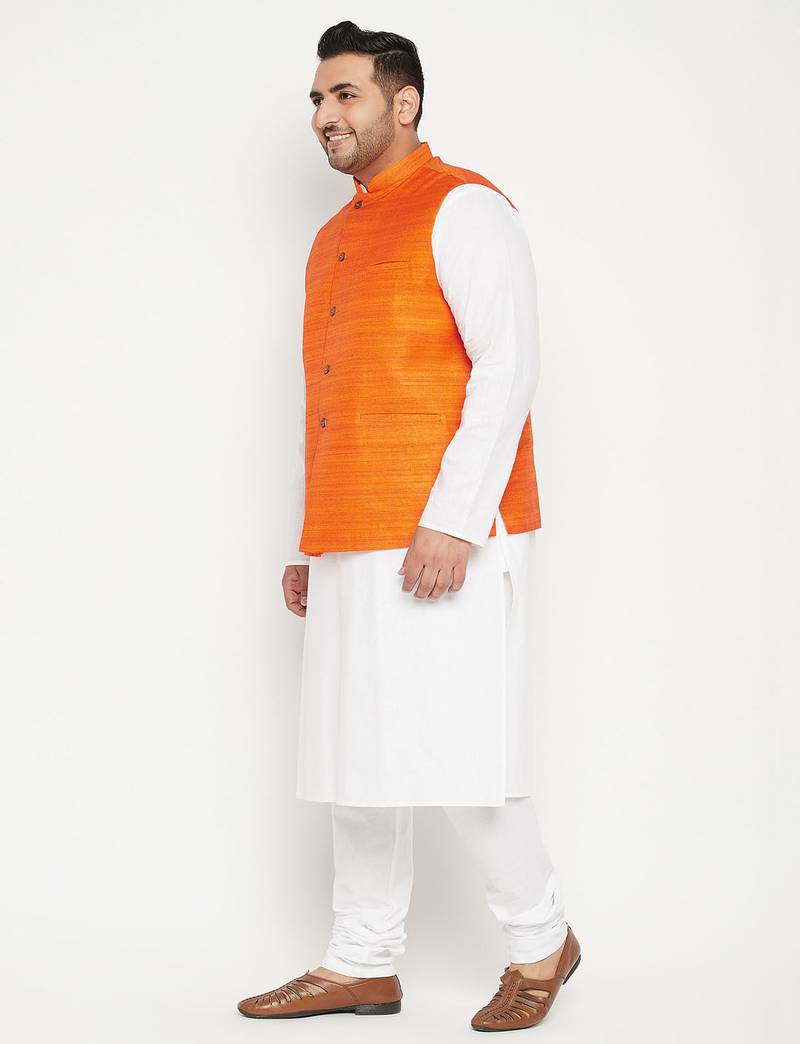 white, orange and white cotton blend jacket kurta pyjama set