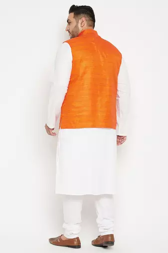 white, orange and white cotton blend jacket kurta pyjama set