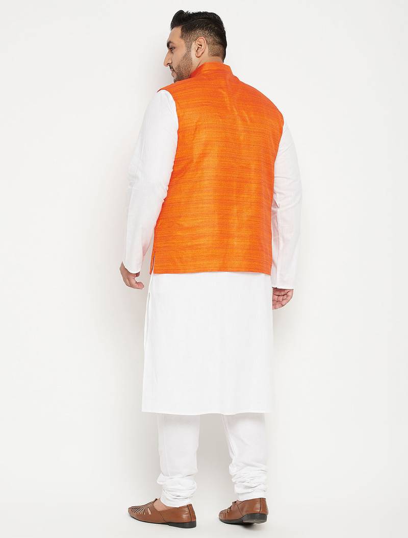 white, orange and white cotton blend jacket kurta pyjama set