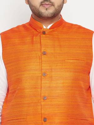 white, orange and white cotton blend jacket kurta pyjama set 4