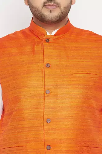 white, orange and white cotton blend jacket kurta pyjama set