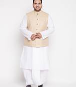 maroon and white cotton blend jacket kurta dhoti set