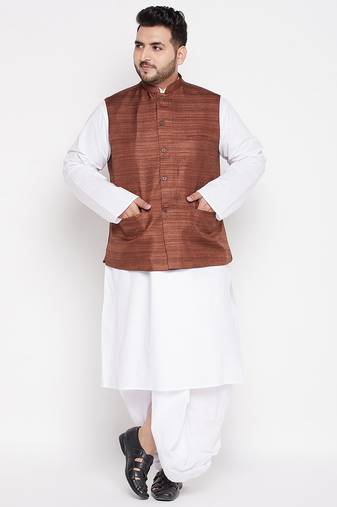 coffee and white cotton blend jacket kurta dhoti set
