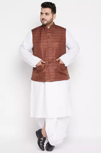 coffee and white cotton blend jacket kurta dhoti set