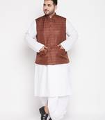 coffee and white cotton blend jacket kurta dhoti set