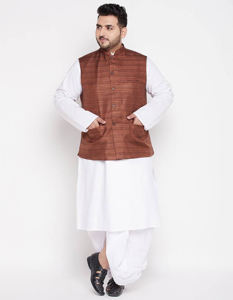 coffee and white cotton blend jacket kurta dhoti set
