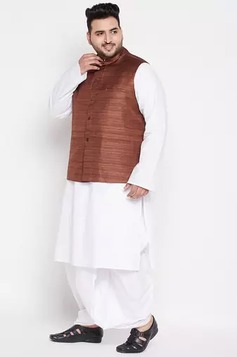 coffee and white cotton blend jacket kurta dhoti set