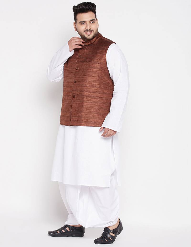 coffee and white cotton blend jacket kurta dhoti set