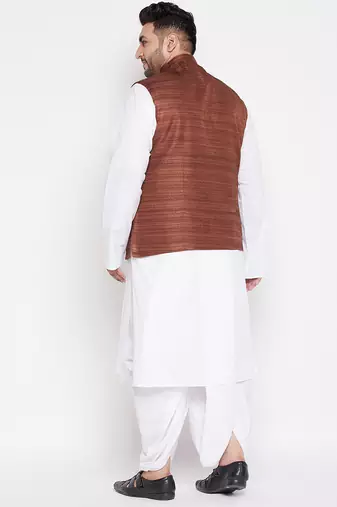 coffee and white cotton blend jacket kurta dhoti set