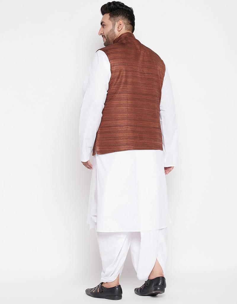coffee and white cotton blend jacket kurta dhoti set