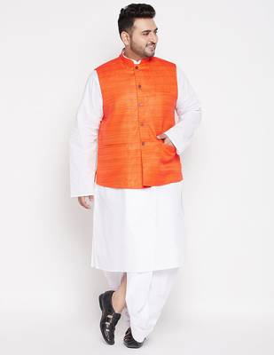 orange and white cotton blend jacket kurta dhoti set 1