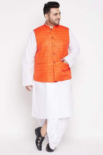 orange and white cotton blend jacket kurta dhoti set