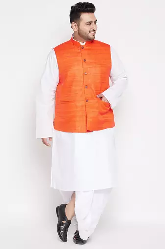 orange and white cotton blend jacket kurta dhoti set