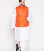 orange and white cotton blend jacket kurta dhoti set