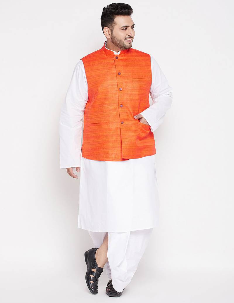 orange and white cotton blend jacket kurta dhoti set