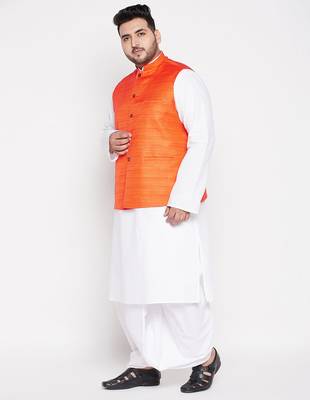 orange and white cotton blend jacket kurta dhoti set 2