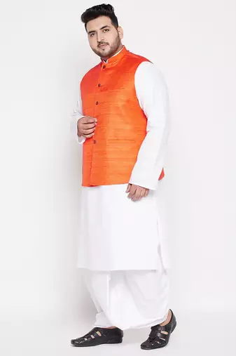 orange and white cotton blend jacket kurta dhoti set