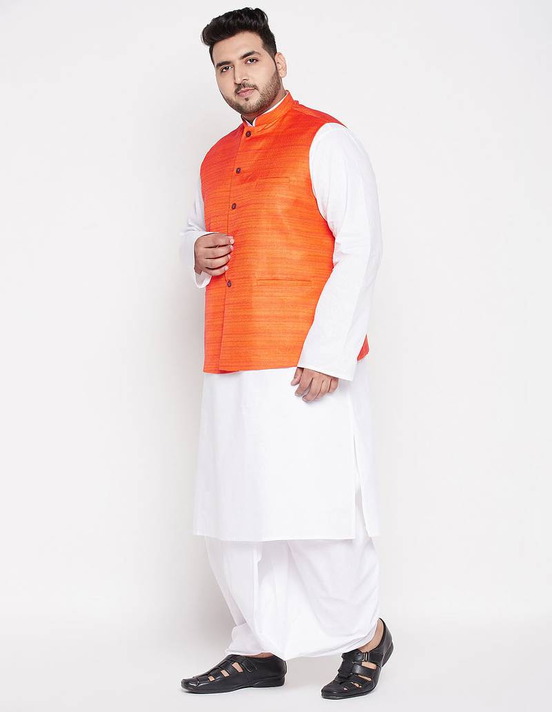 orange and white cotton blend jacket kurta dhoti set