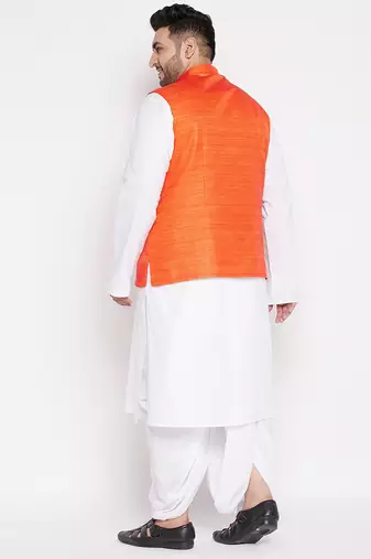 orange and white cotton blend jacket kurta dhoti set