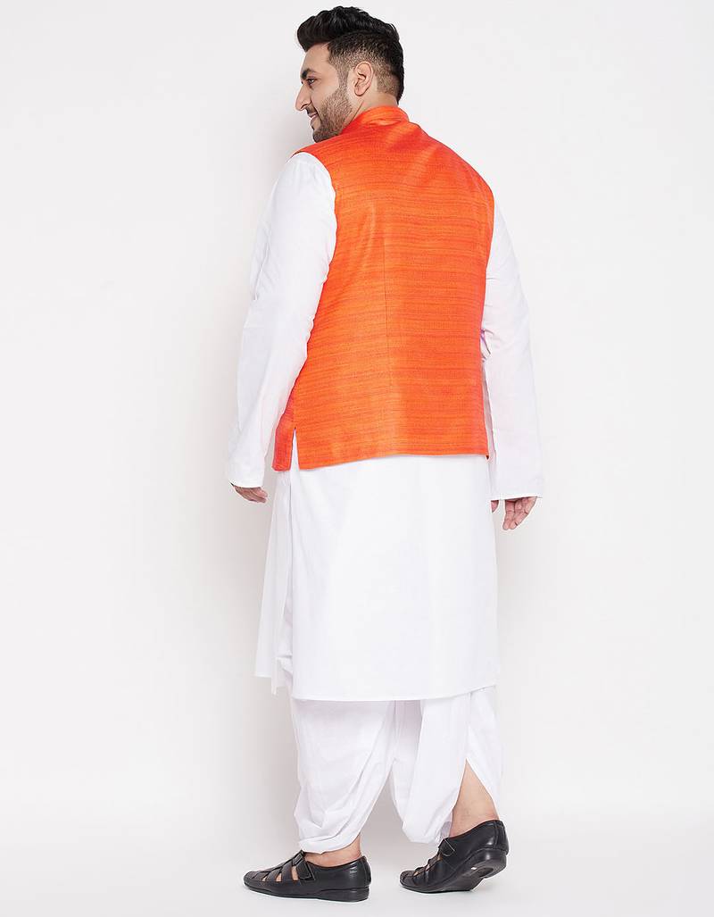 orange and white cotton blend jacket kurta dhoti set